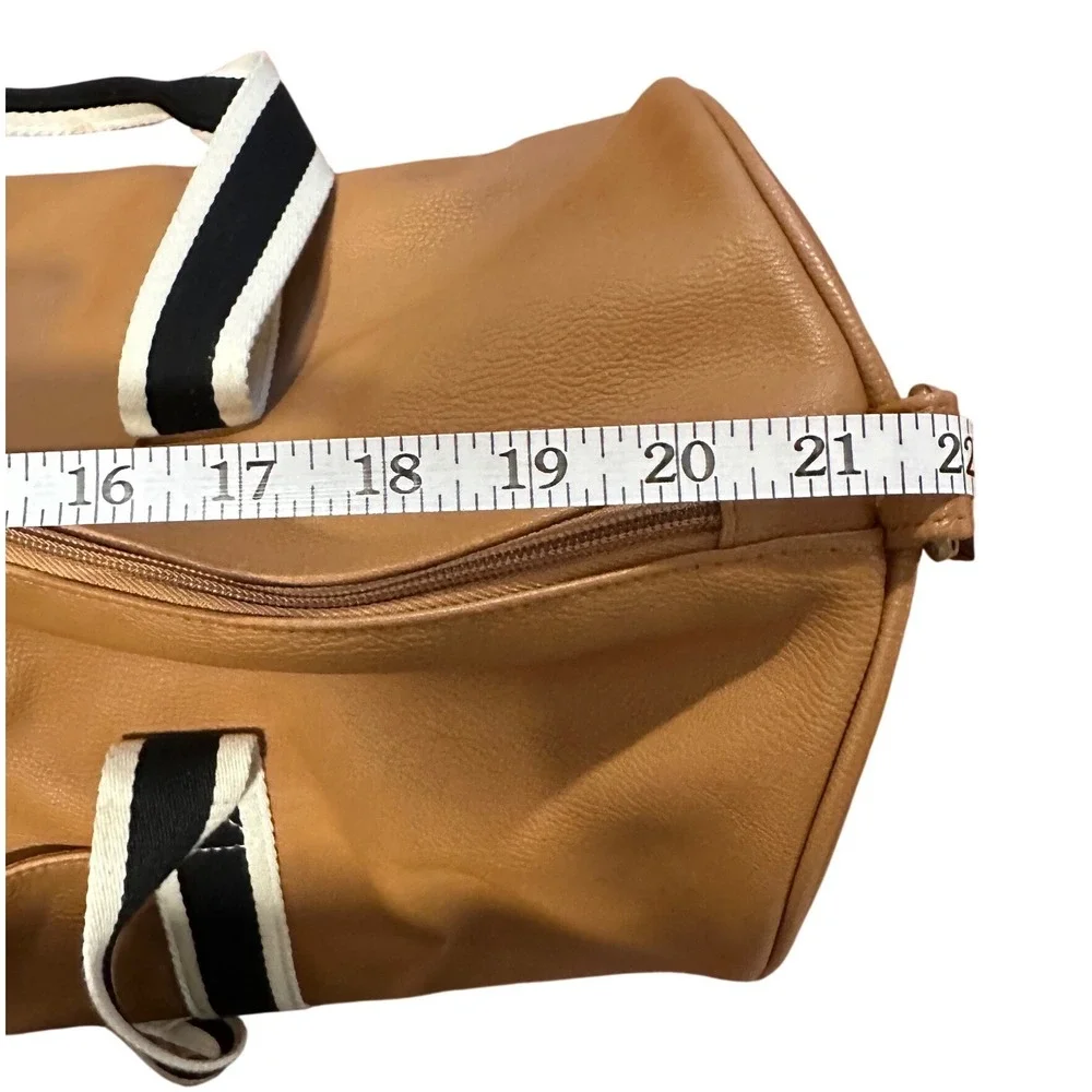 Tan Faux Leather Duffle Bag Striped Webbing Handles Weekend Travel Gym Bag